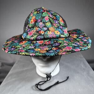 BRIMMZ Hat Sun Womens Medium Black Tropical Floral Wide Brim‎ Boonie Chin Strap